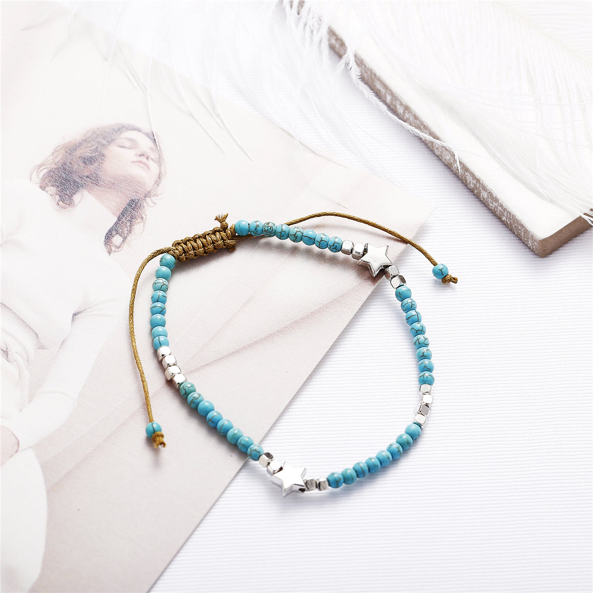 Turquoise and Silver-Plated Star Adjustable Anklet, silver anklet bracelet, vintage-inspired design, side view