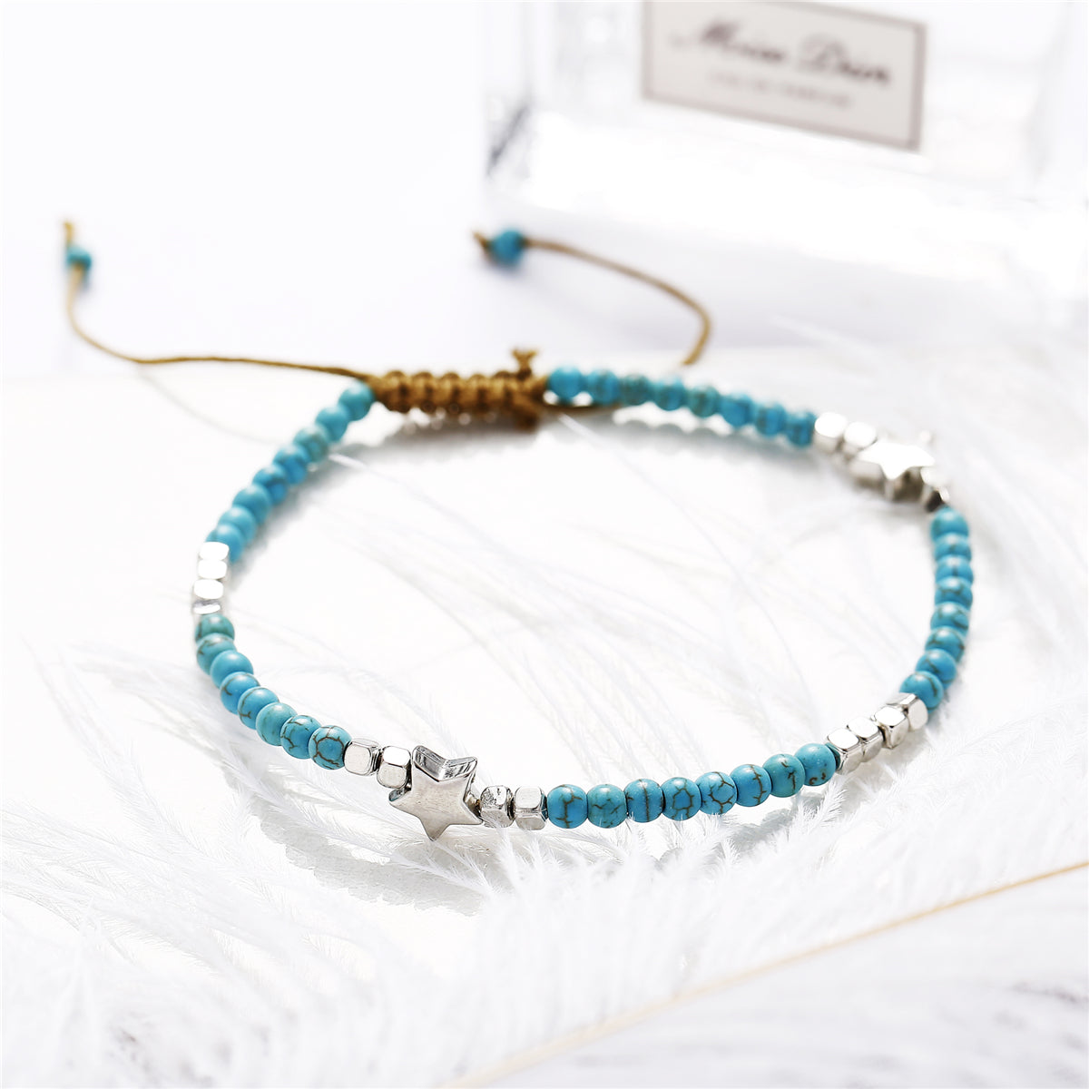 Turquoise & Silver-Plated Star Adjustable Anklet