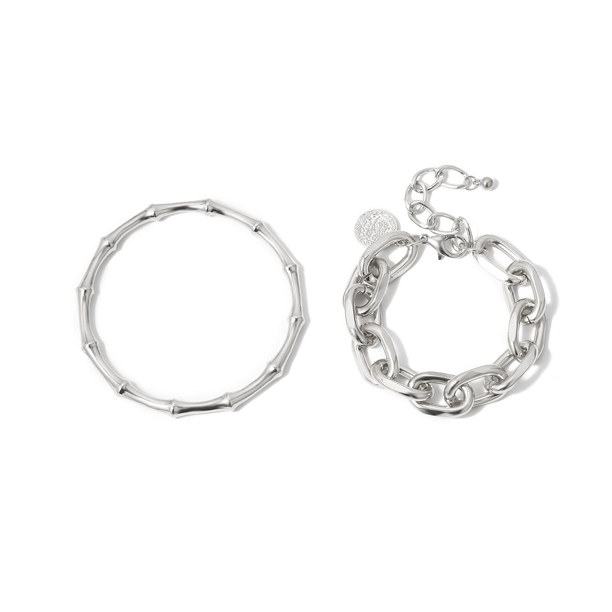 Silver-Plated Figaro Bracelet & Bamboo Bangle Set