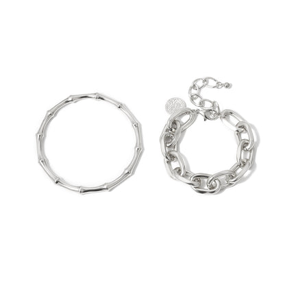 Silver-Plated Figaro Bracelet & Bamboo Bangle Set