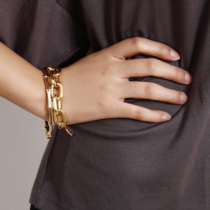 18K Gold-Plated Cable Chain Bracelet and Bamboo Bangle Set, jewelry gift sets for women, elegant gift for her, side view