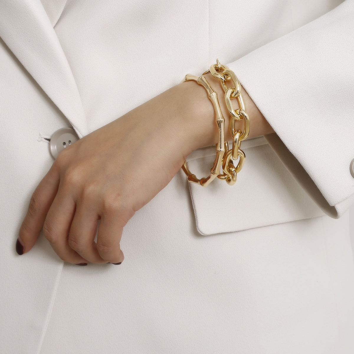 18K Gold-Plated Cable Chain Bracelet and Bamboo Bangle Set, jewelry gift sets for women, elegant gift for her, lifestyle look