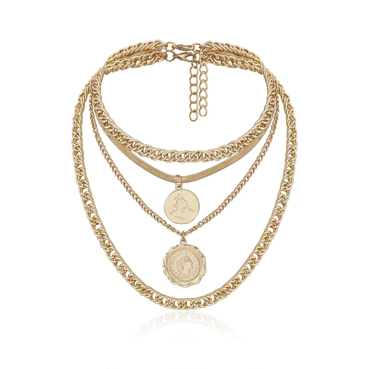 18K Gold-Plated Coins Layered Pendant Necklace, gold pendant necklace for women, botanical inspired, detail close-up