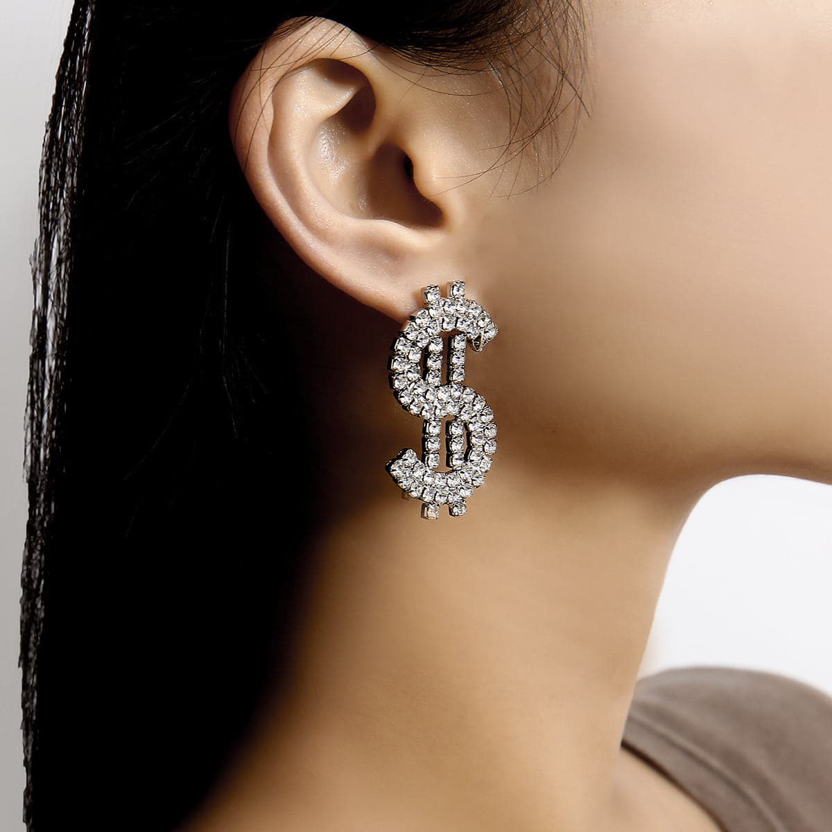 Cubic Zirconia & Silver-Plated Dollar Sign Drop Earrings