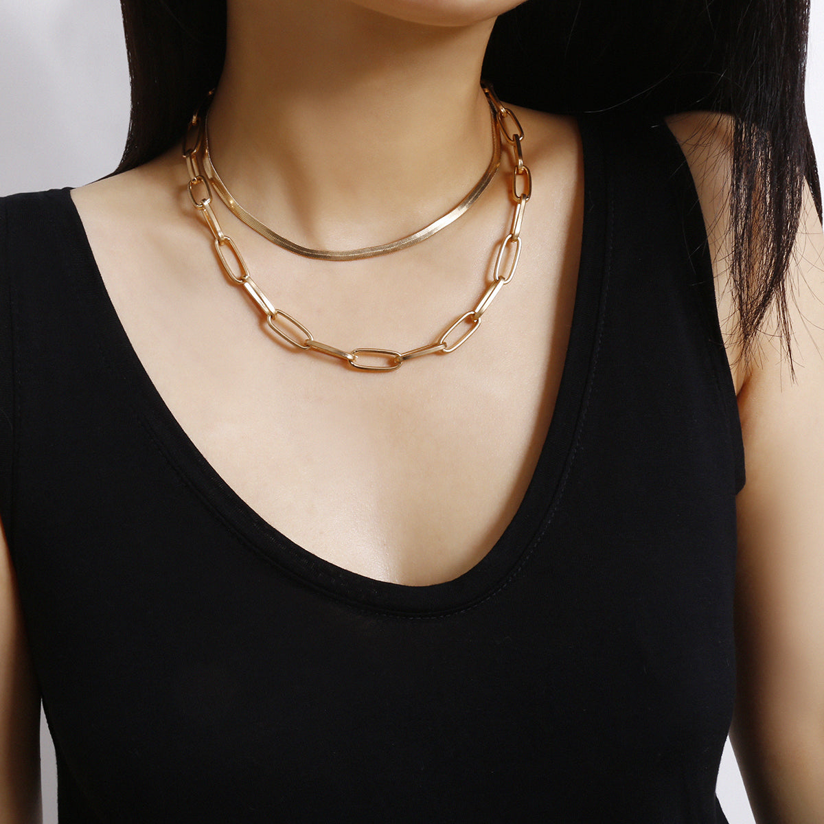 18K Gold-Plated Cable and Snake Chain Necklace Set, jewelry gift sets for women, everyday style, front view