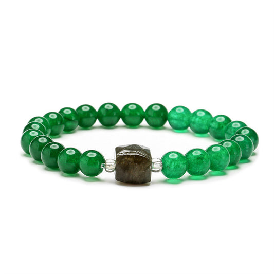 Green Quartz and Brown Cylinder Charm Beaded Stretch Bracelet, bracelet for women, botanical inspired, front view