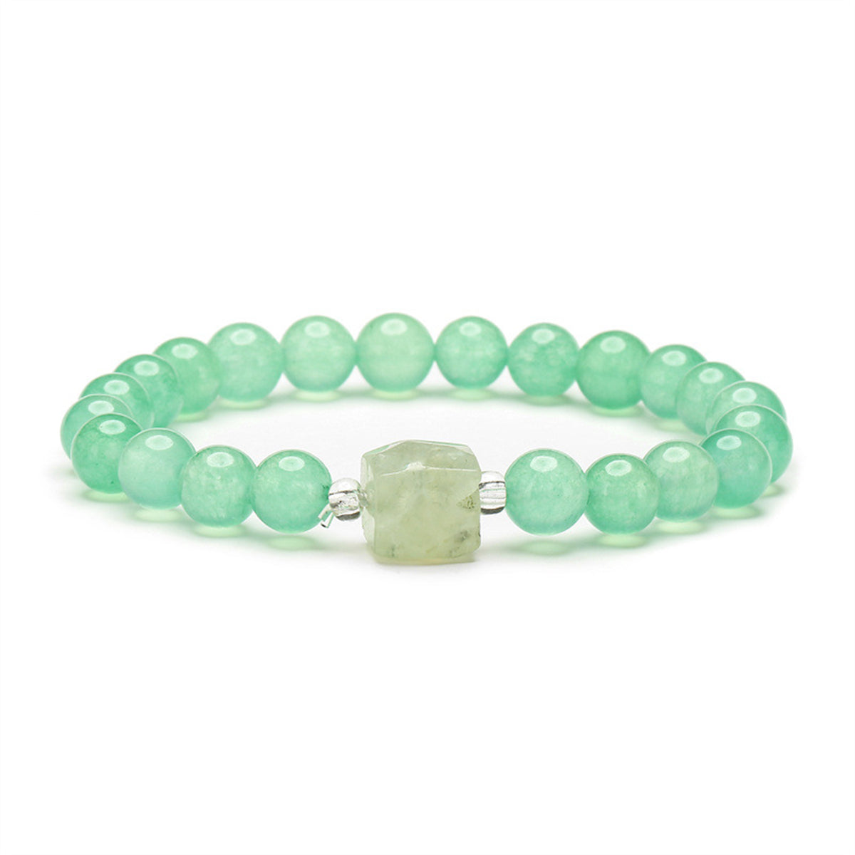 Light Green Quartz Cylinder Charm Beaded Stretch Bracelet, bracelet for women, botanical inspired, front view