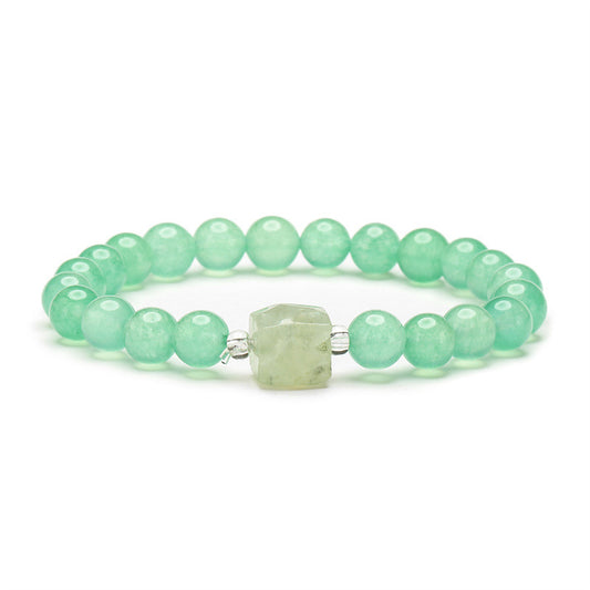 Light Green Quartz Cylinder Charm Beaded Stretch Bracelet, bracelet for women, botanical inspired, front view