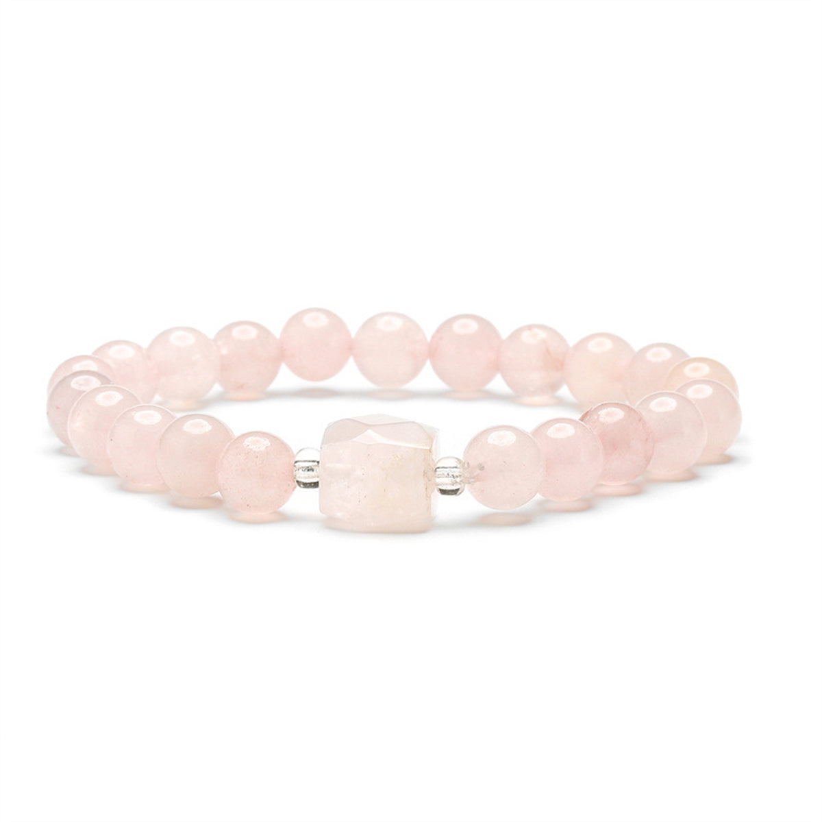 Pink Quartz and Acrylic Cylinder Charm Beaded Stretch Bracelet, bracelet for women, dainty minimalist design, front view