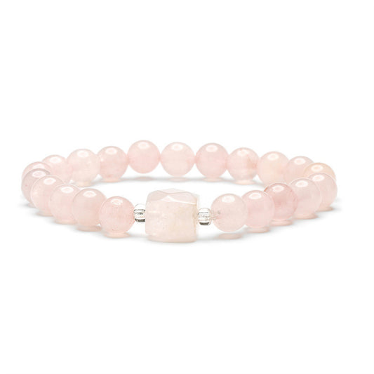 Pink Quartz and Acrylic Cylinder Charm Beaded Stretch Bracelet, bracelet for women, dainty minimalist design, front view