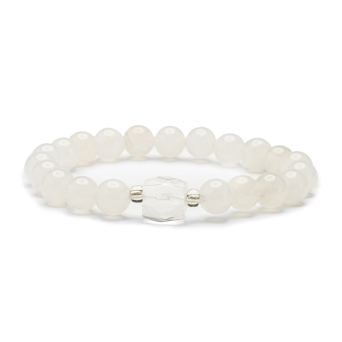 White Quartz and Acrylic Cylinder Charm Beaded Stretch Bracelet, bracelet for women, vintage-inspired design, front view