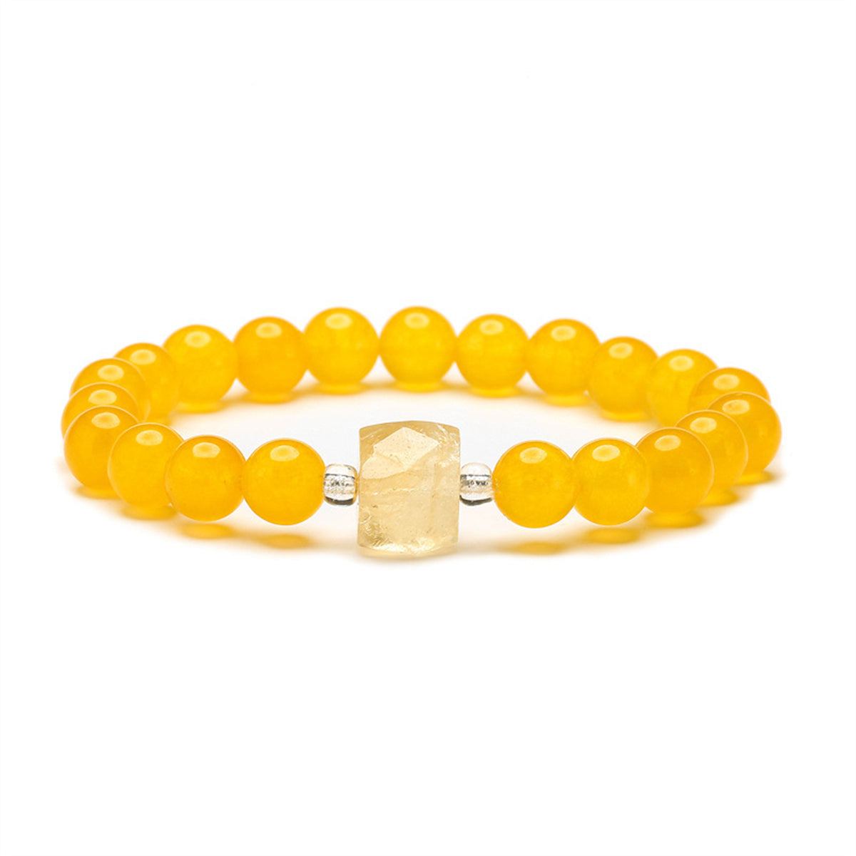Yellow Quartz Cylinder Charm Beaded Stretch Bracelet, bracelet for women, elegant gift for her, front view
