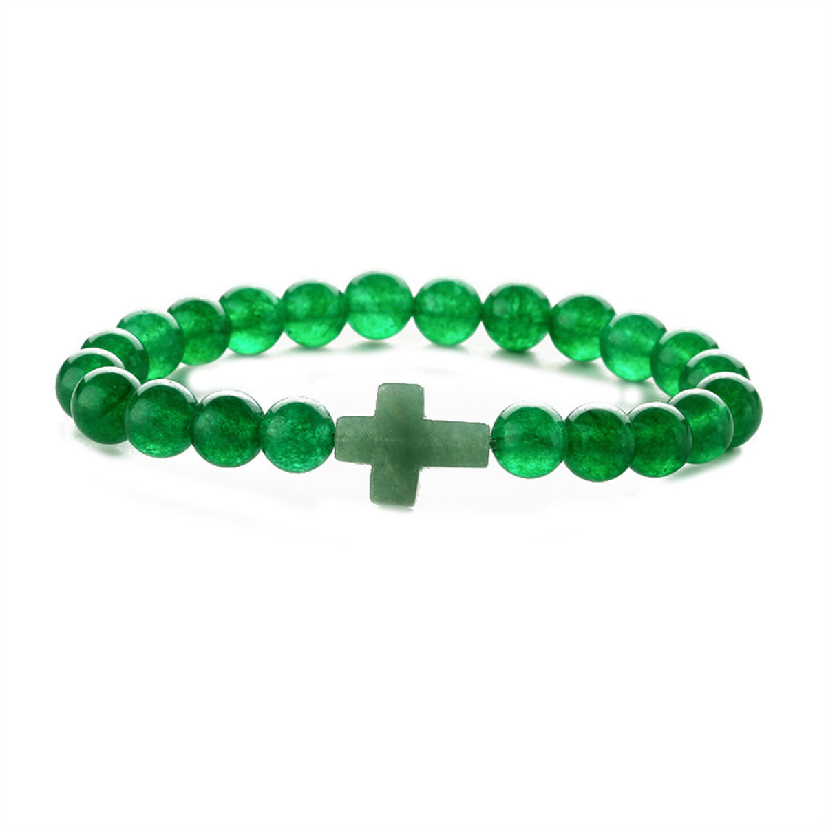 Green Quartz Cross Charm Beaded Stretch Bracelet, bracelet for women, vintage-inspired design, front view