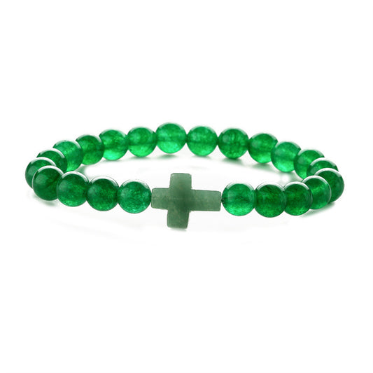 Green Quartz Cross Charm Beaded Stretch Bracelet, bracelet for women, vintage-inspired design, front view