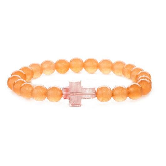 Orange and Pink Quartz Cross Charm Beaded Stretch Bracelet, bracelet for women, vintage-inspired design, front view