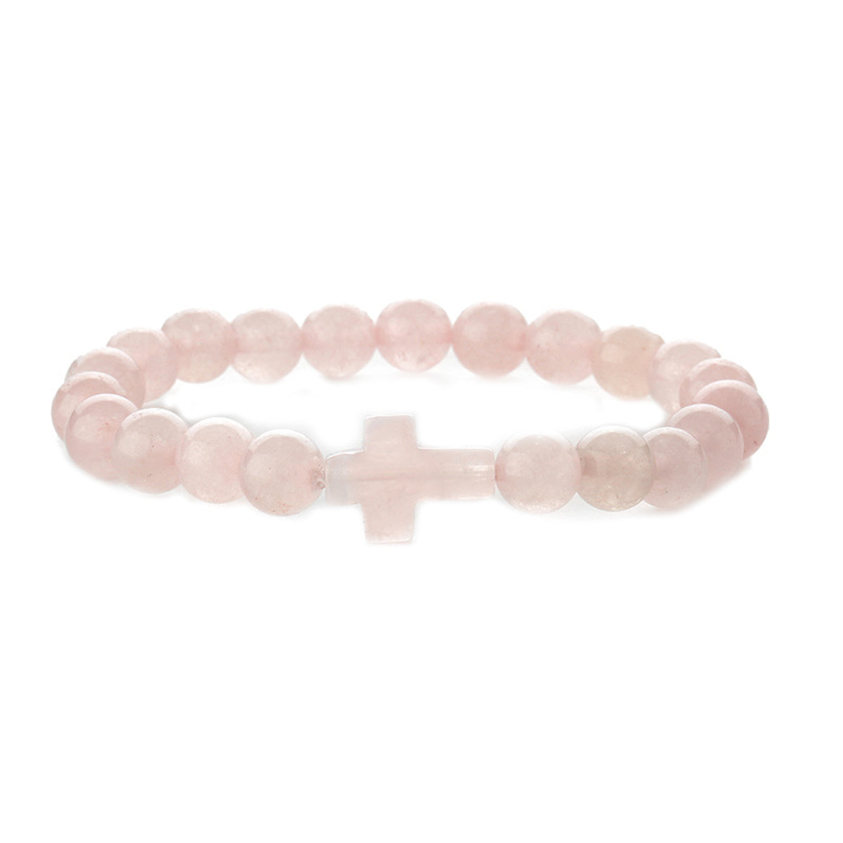 Pink Quartz Cross Charm Beaded Stretch Bracelet, bracelet for women, dainty minimalist design, front view