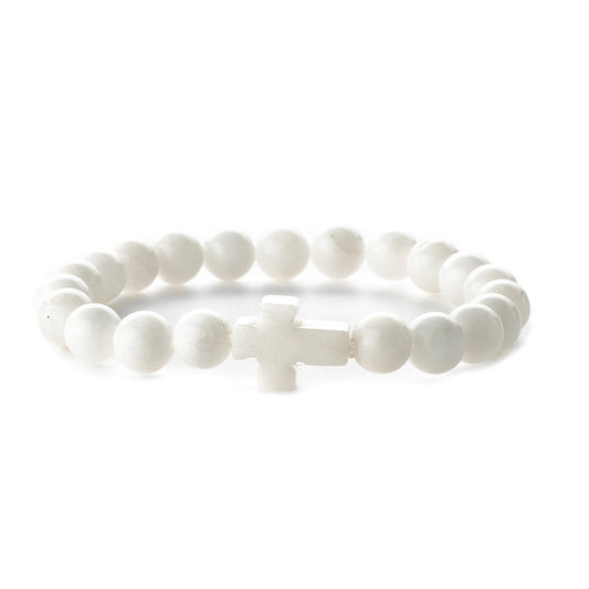 White Quartz Cross Charm Beaded Stretch Bracelet, bracelet for women, botanical inspired, front view