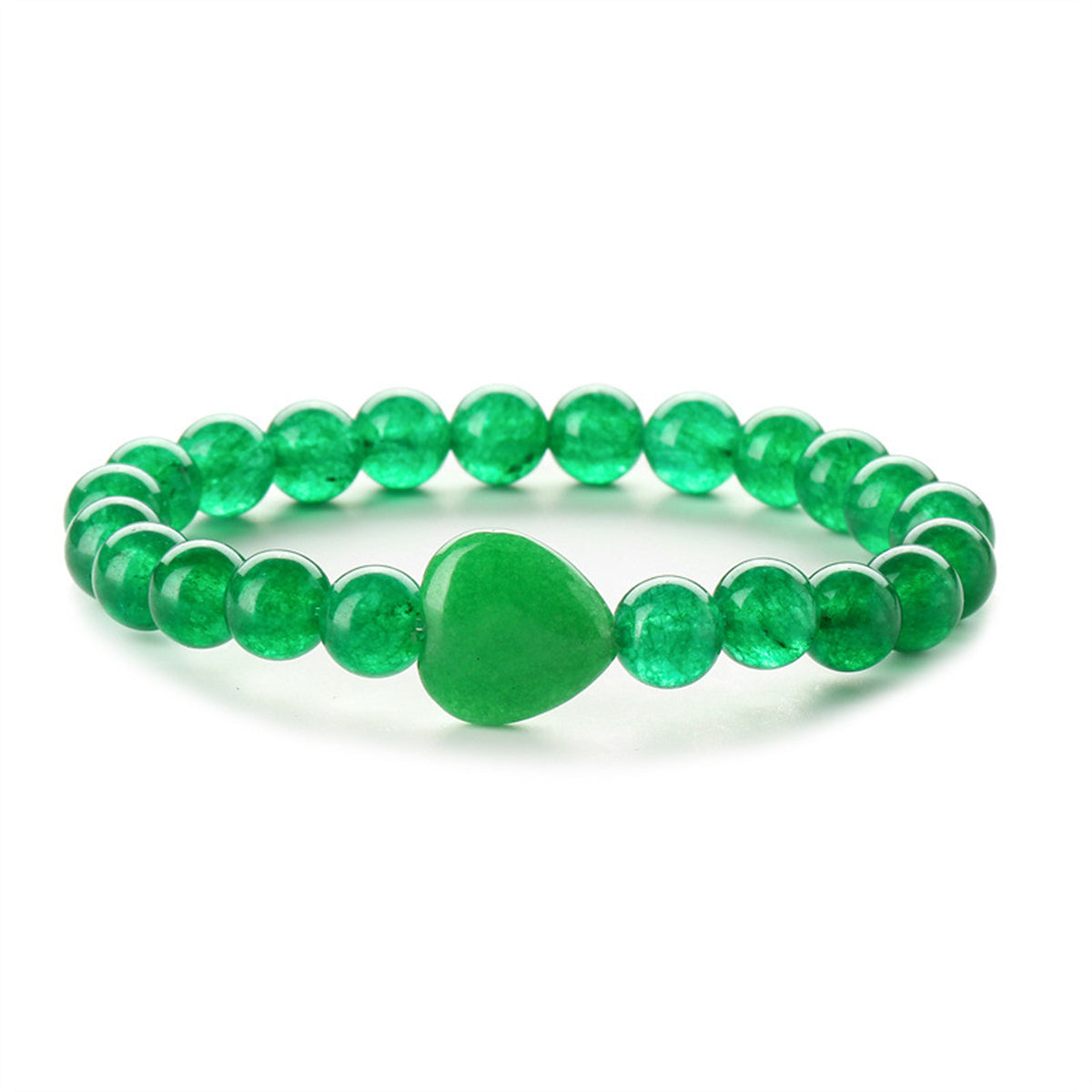 Green Quartz Heart Charm Beaded Stretch Bracelet, bracelet for women, elegant gift for her, front view