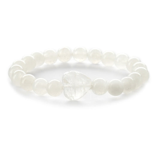 White Quartz Heart Charm Beaded Stretch Bracelet, bracelet for women, vintage-inspired design, front view