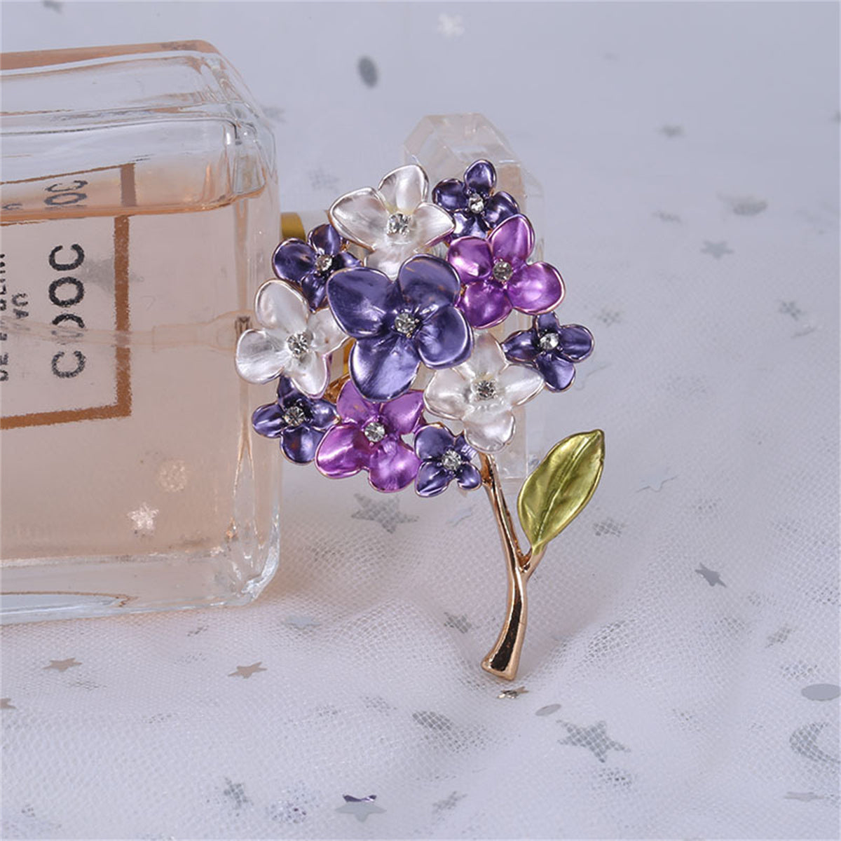 Purple Enamel and Cubic Zirconia Lilac Brooch, brooch pin, elegant gift for her, detail close-up