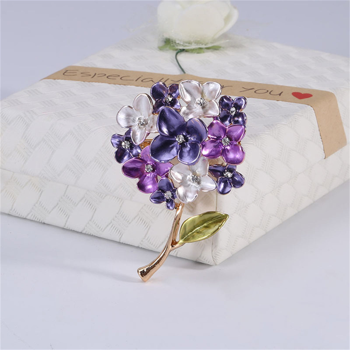 Purple Enamel and Cubic Zirconia Lilac Brooch, brooch pin, elegant gift for her, front view