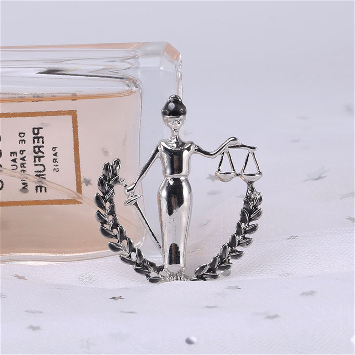Black Enamel and Silver-Plated Libra Figure Brooch, silver brooch pin, everyday style, side view