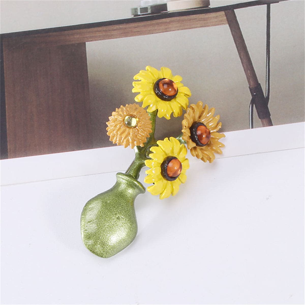Yellow and Green Sunflower Vase Brooch, brooch pin, botanical inspired, detail close-up