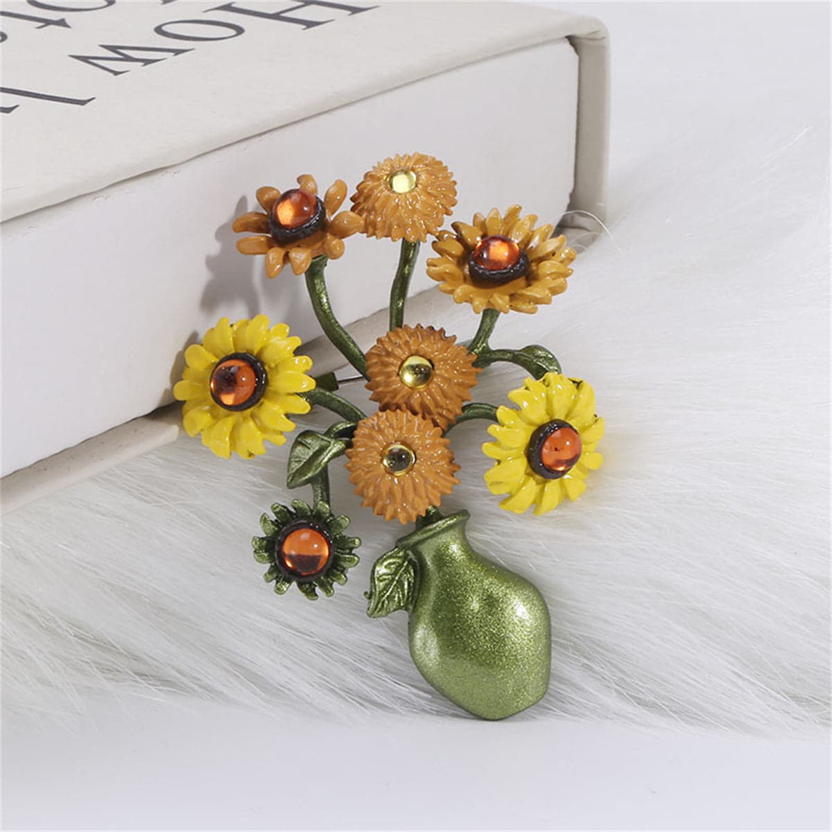 Yellow and Green Sunflower Vase Brooch, brooch pin, botanical inspired, lifestyle look