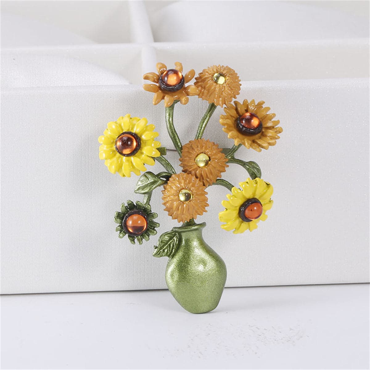 Yellow and Green Sunflower Vase Brooch, brooch pin, botanical inspired, front view