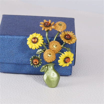 Yellow and Green Sunflower Vase Brooch, brooch pin, botanical inspired, side view