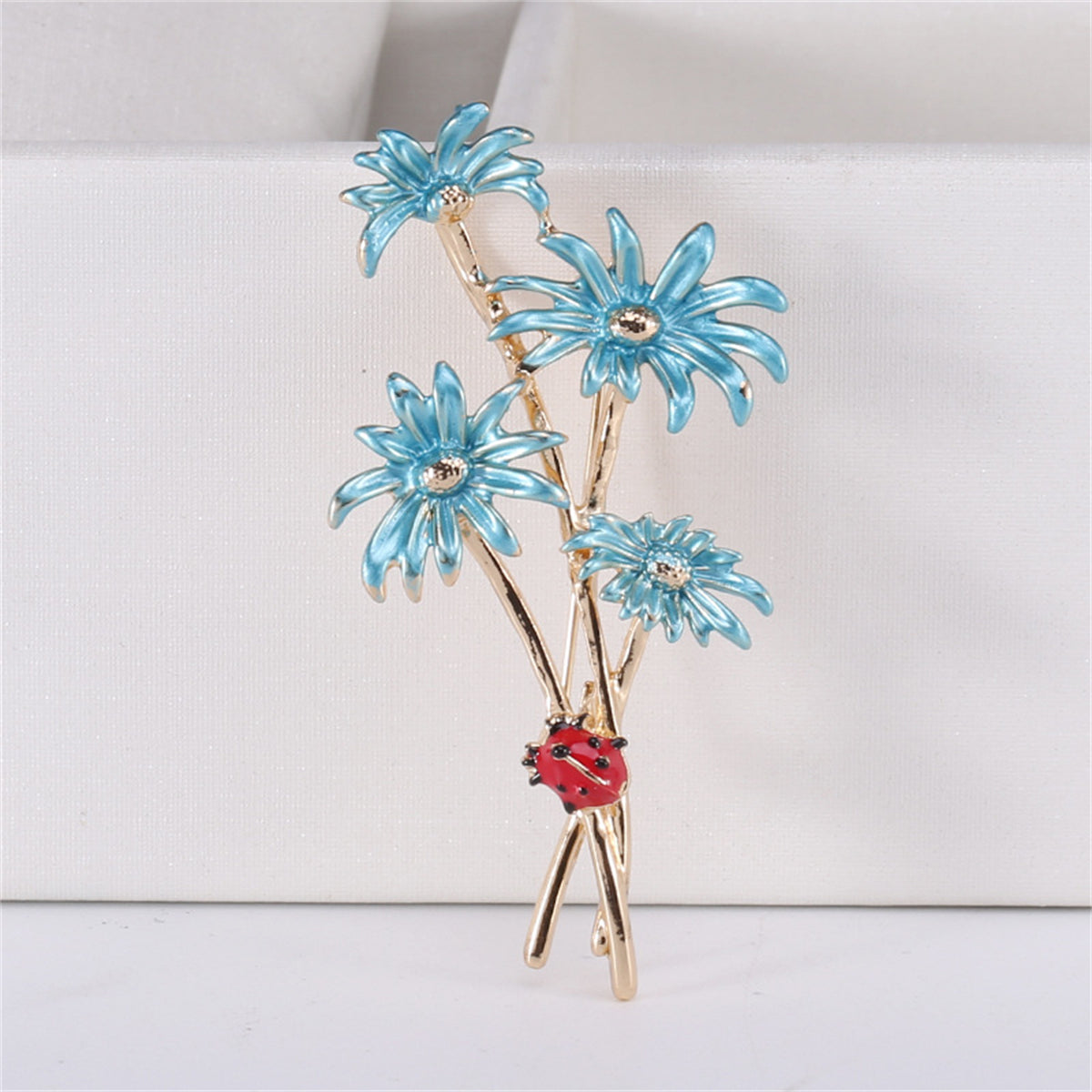 Blue Enamel and 18K Gold-Plated Mum Ladybug Brooch, gold brooch pin, vintage-inspired design, front view