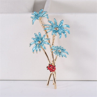 Blue Enamel and 18K Gold-Plated Mum Ladybug Brooch, gold brooch pin, vintage-inspired design, front view