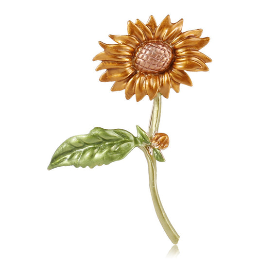 Green Enamel and 18K Gold-Plated Sunflower Brooch, gold brooch pin, vintage-inspired design, front view