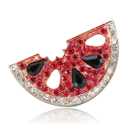 Red Cubic Zirconia and Crystal 18K Gold-Plated Watermelon Brooch, gold brooch pin, vintage-inspired design, front view