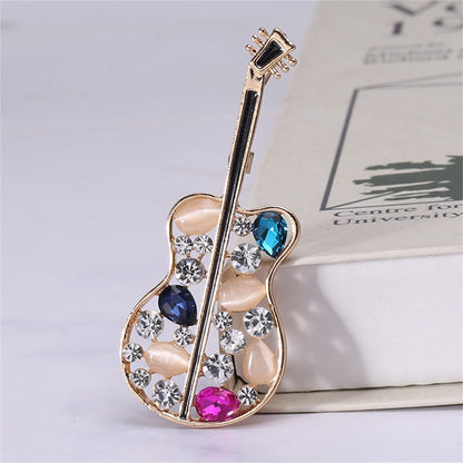 Cubic Zirconia and Peach Cats Eye Openwork Violin Brooch, brooch pin, elegant gift for her, front view