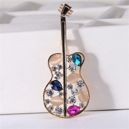 Cubic Zirconia and Peach Cats Eye Openwork Violin Brooch, brooch pin, elegant gift for her, side view