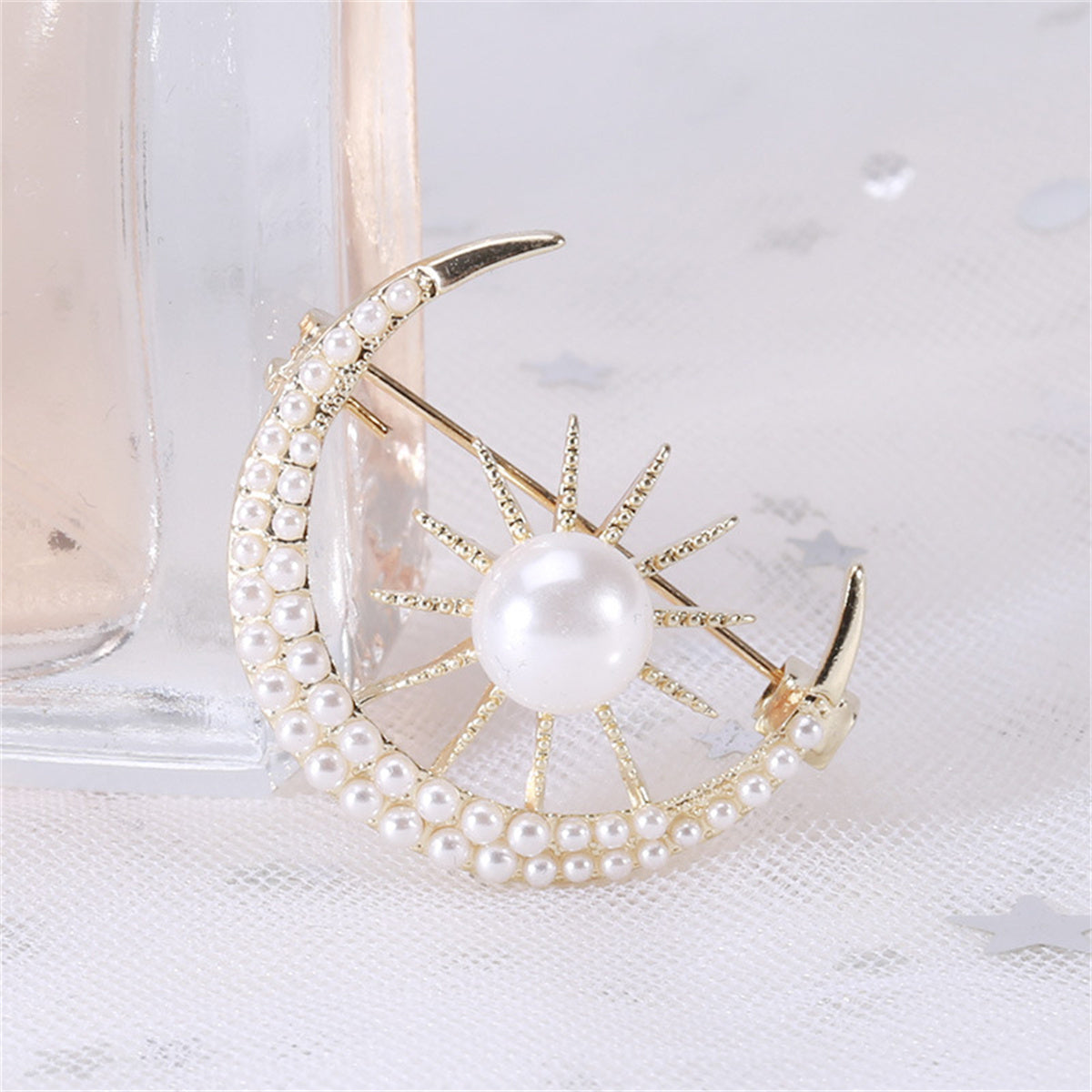 Pearl and 18K Gold-Plated Sun and Moon Brooch, gold brooch pin, everyday style, front view