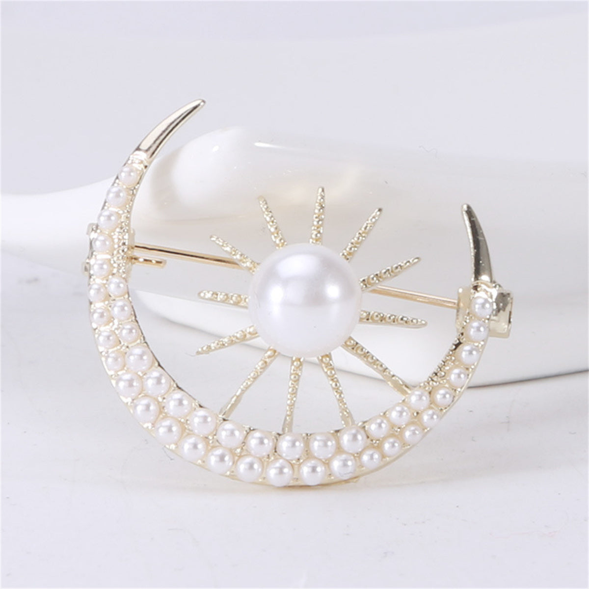 Pearl and 18K Gold-Plated Sun and Moon Brooch, gold brooch pin, everyday style, side view