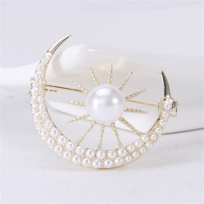 Pearl and 18K Gold-Plated Sun and Moon Brooch, gold brooch pin, everyday style, side view