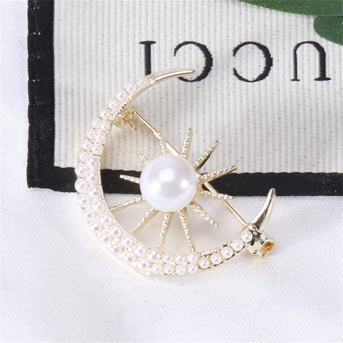 Pearl and 18K Gold-Plated Sun and Moon Brooch, gold brooch pin, everyday style, lifestyle look