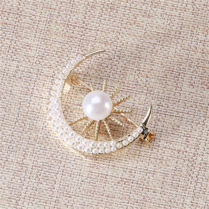 Pearl and 18K Gold-Plated Sun and Moon Brooch, gold brooch pin, everyday style, detail close-up
