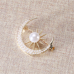 Pearl & 18K Gold-Plated Sun & Moon Brooch