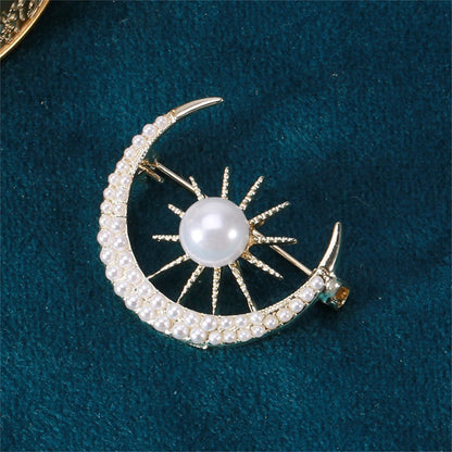 Pearl and 18K Gold-Plated Sun and Moon Brooch, gold brooch pin, everyday style, styled look