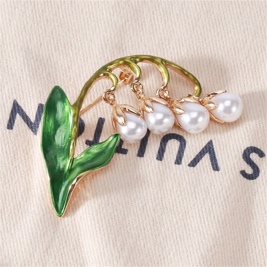 Green Enamel and Pearl 18K Gold-Plated Lily Of The Valley Brooch, gold brooch pin, dainty minimalist design, front view