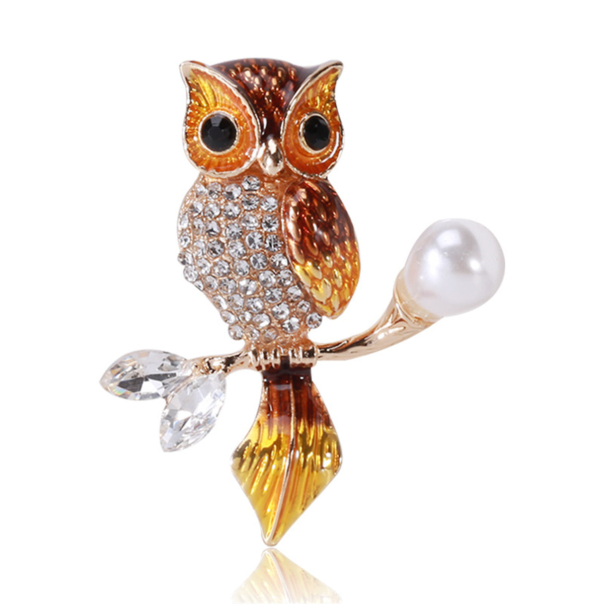 Brown Enamel and Crystal Cubic Zirconia 18K Gold-Plated Owl Brooch, gold brooch pin, everyday style, front view