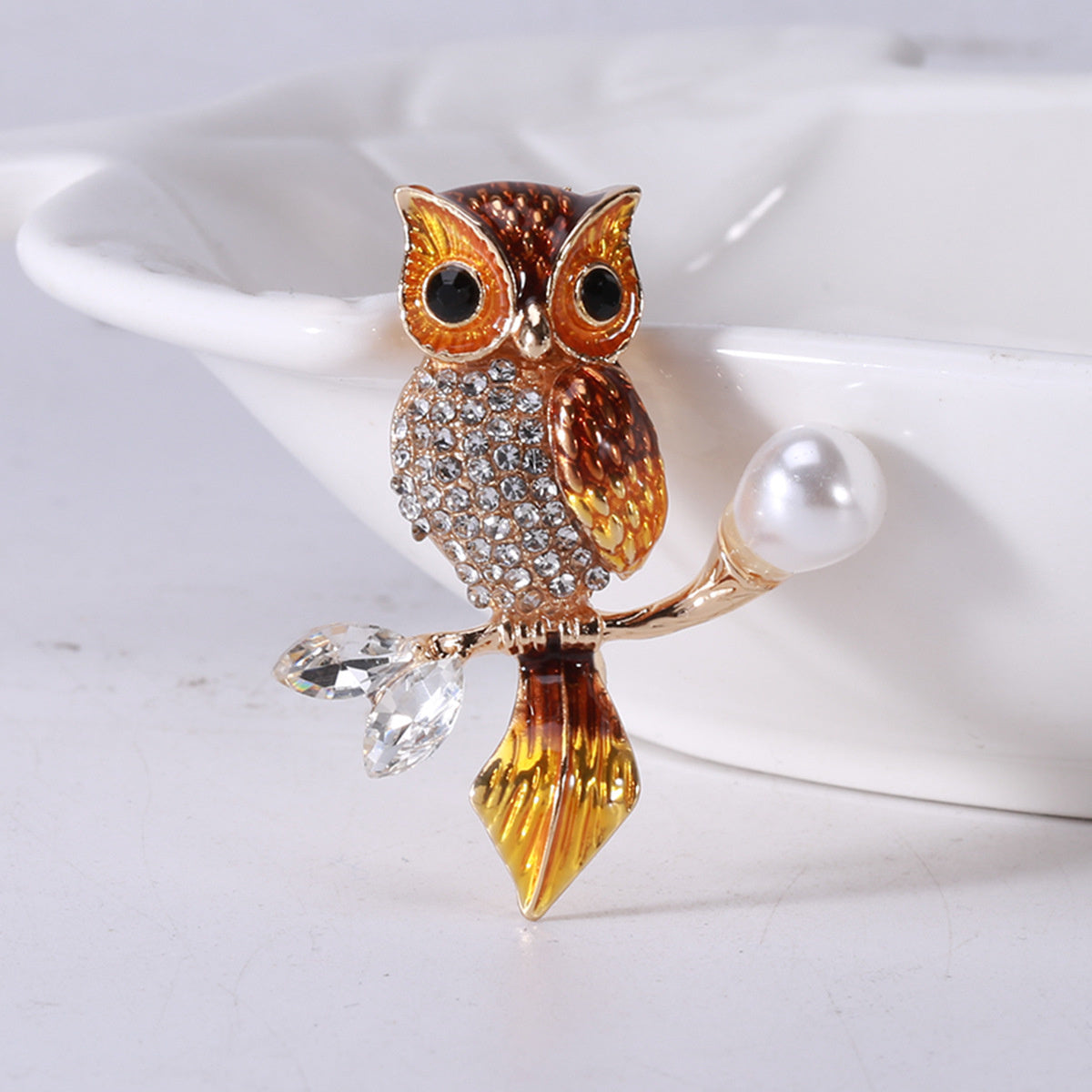 Brown Enamel and Crystal Cubic Zirconia 18K Gold-Plated Owl Brooch, gold brooch pin, everyday style, side view