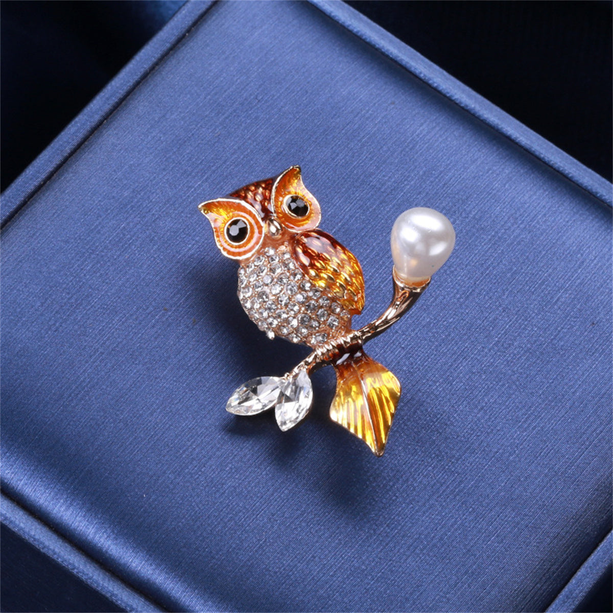 Brown Enamel and Crystal Cubic Zirconia 18K Gold-Plated Owl Brooch, gold brooch pin, everyday style, detail close-up