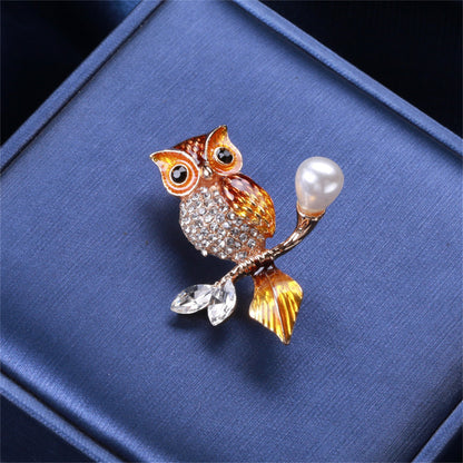 Brown Enamel and Crystal Cubic Zirconia 18K Gold-Plated Owl Brooch, gold brooch pin, everyday style, detail close-up