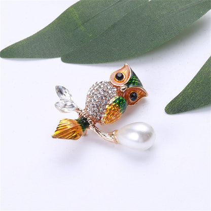 Green Crystal and Cubic Zirconia Owl Brooch, brooch pin, botanical inspired, side view