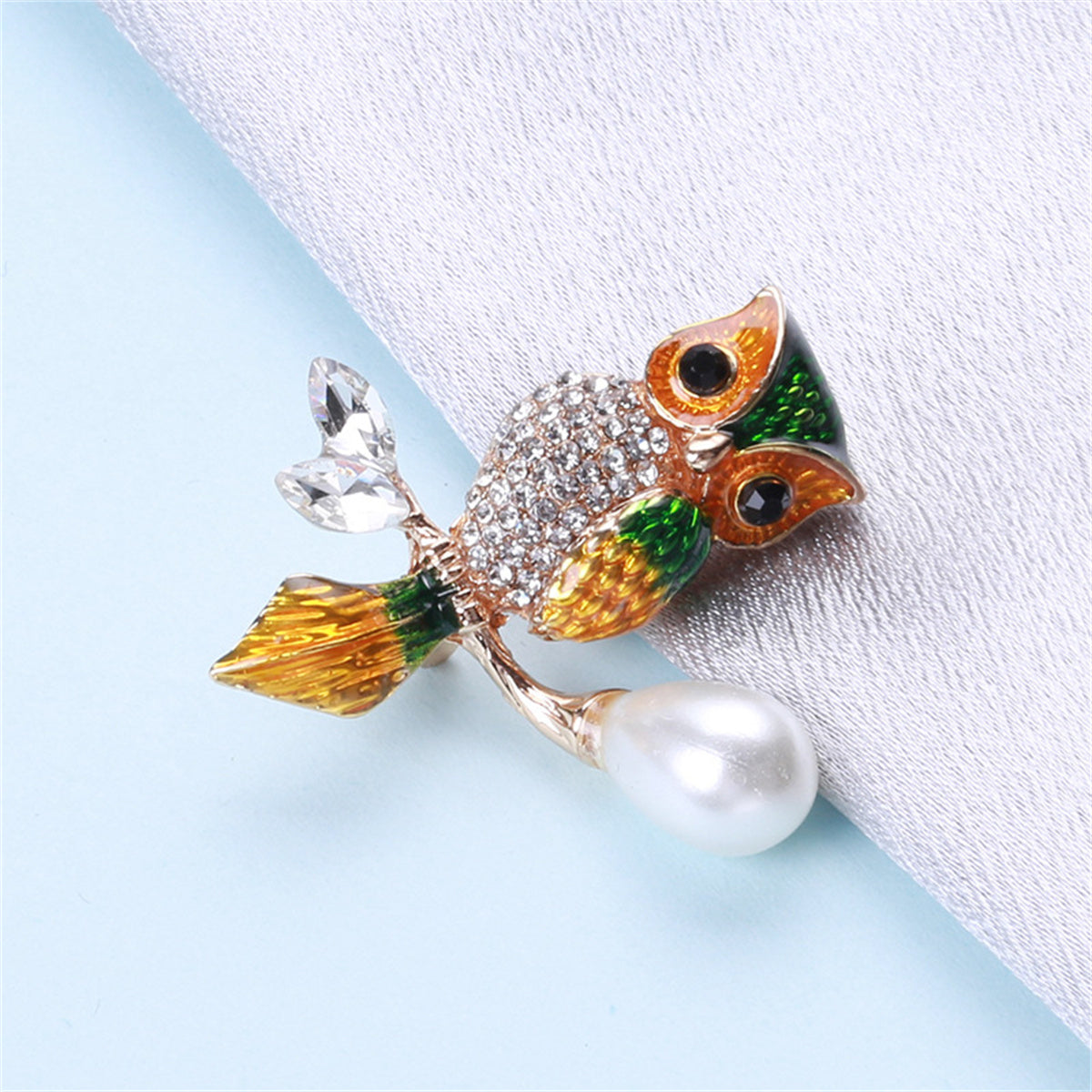 Green Crystal and Cubic Zirconia Owl Brooch, brooch pin, botanical inspired, lifestyle look